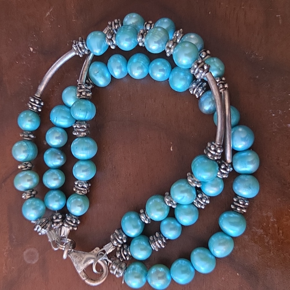 Handmade Genuine Blue Pearl 3 Strand Beaded Necklace w/ Silver Hardware*